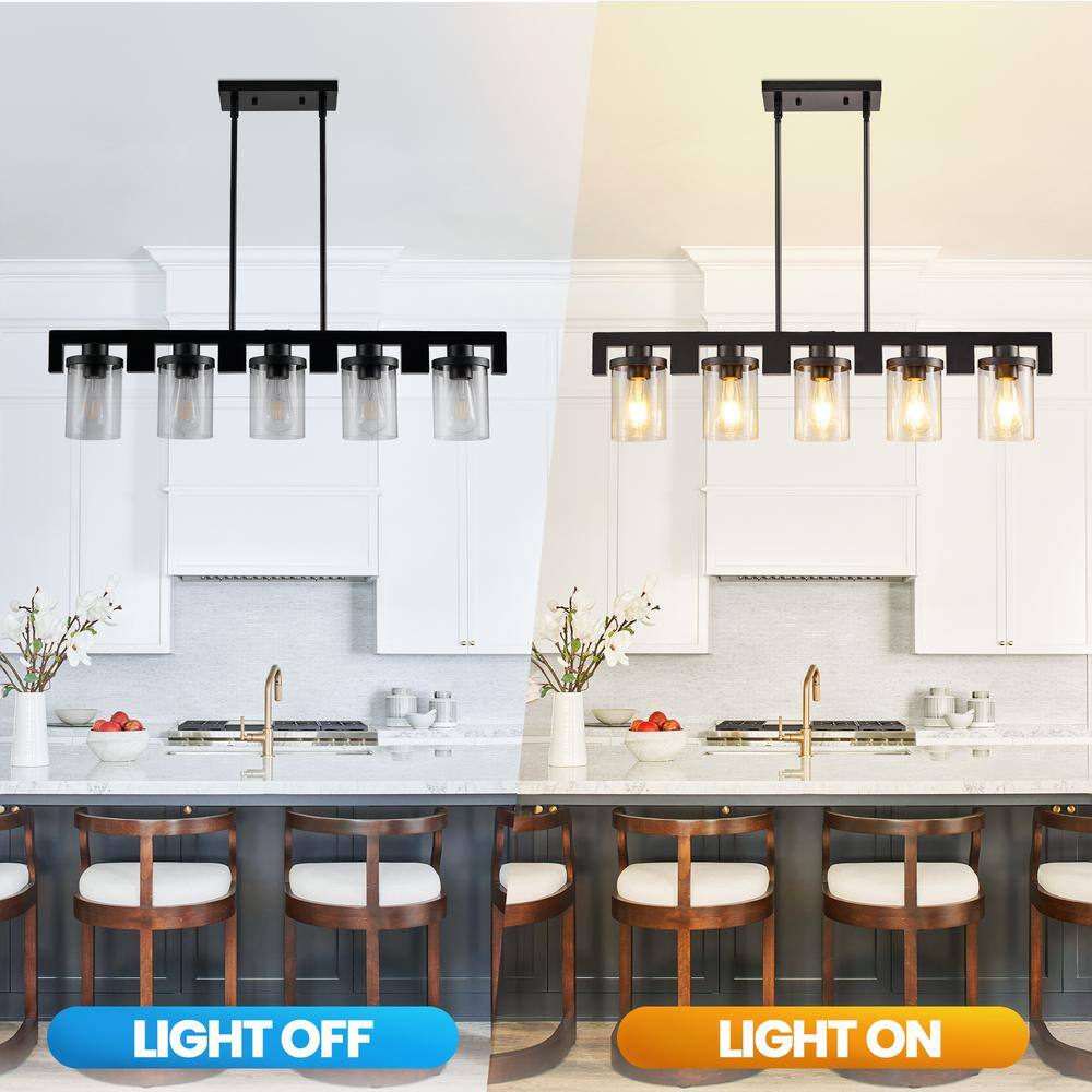Black and Wood 5-Light Linear Island Chandelier