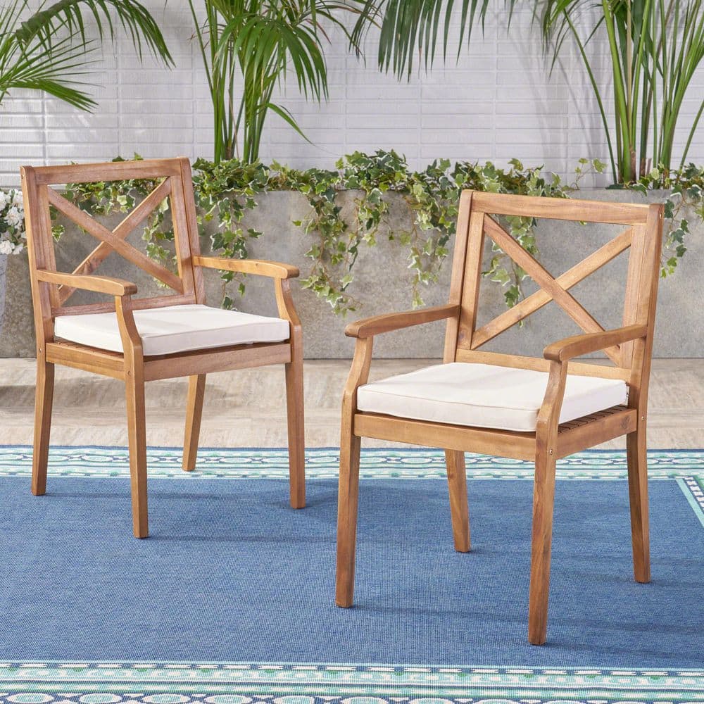 2-Piece Wood Outdoor Dining Chair with Cream Cushion for