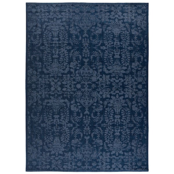 Courtyard 8 ft. x 11 ft. Navy/Blue Ornate Distressed Indoor/Outdoor Area Rug