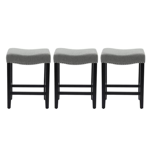 Jameson 24 in. Counter Height Black Wood Backless Nailhead Barstool with Upholstered Gray Linen Saddle Seat (Set of 3)