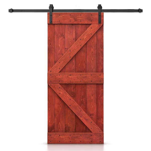 CALHOME K Series 30 in. x 84 in. Solid Cherry Red Stained DIY Pine Wood Interior Sliding Barn Door with Hardware Kit