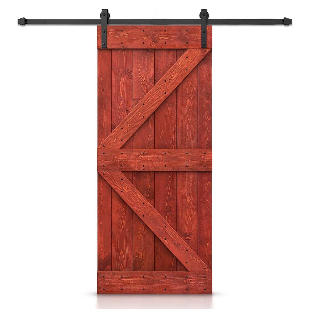 CALHOME K Series 36 in. x 84 in. Solid Cherry Red Stained DIY Pine Wood Interior Sliding Barn Door with Hardware Kit