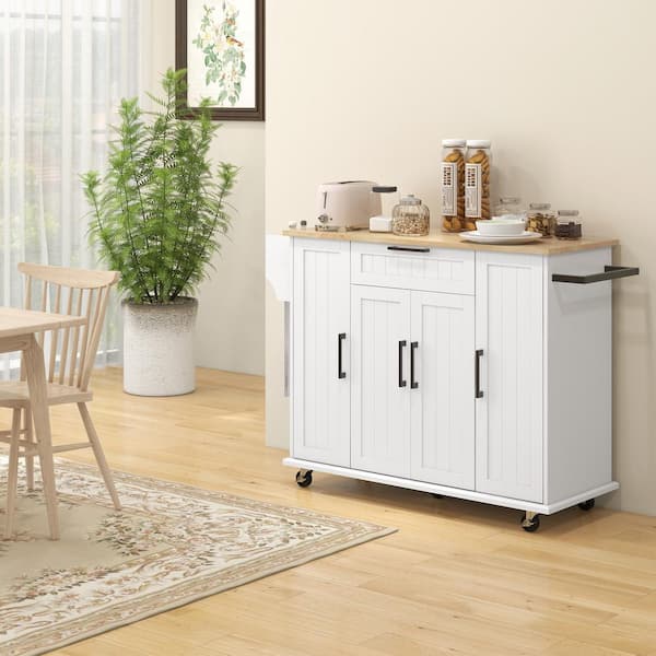 Tenleaf White Wood 52.00 in. Kitchen Island on Wheels, Rolling Kitchen Cart with Drawers and Adjustable Shelves