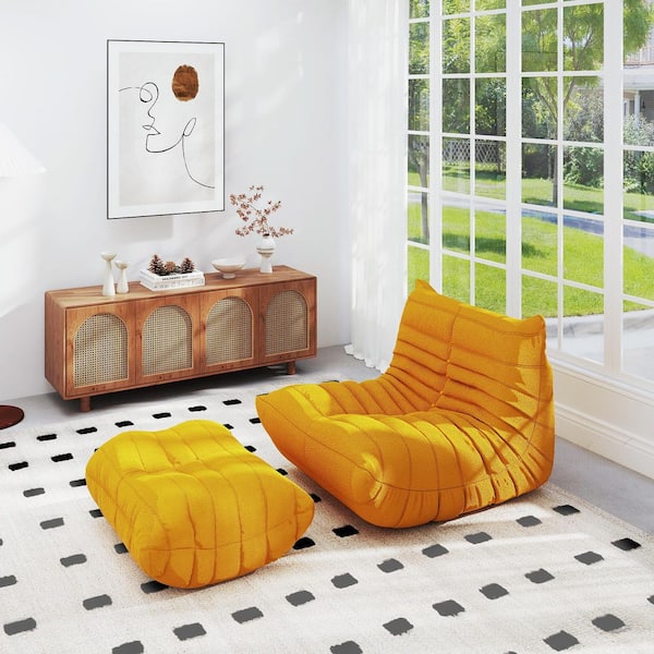 Yellow Teddy Velvet Polyester 34 in. Fireside Lazy Bean Bag Chair Rebound Sponge Lounge Floor Sofa with Ottoman