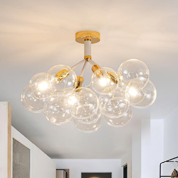 Alma 4-Light 20 in. W Gold Semi Flush Mount with White Leather Branch Chandelier LED Ceiling Light, LED Bulbs Included