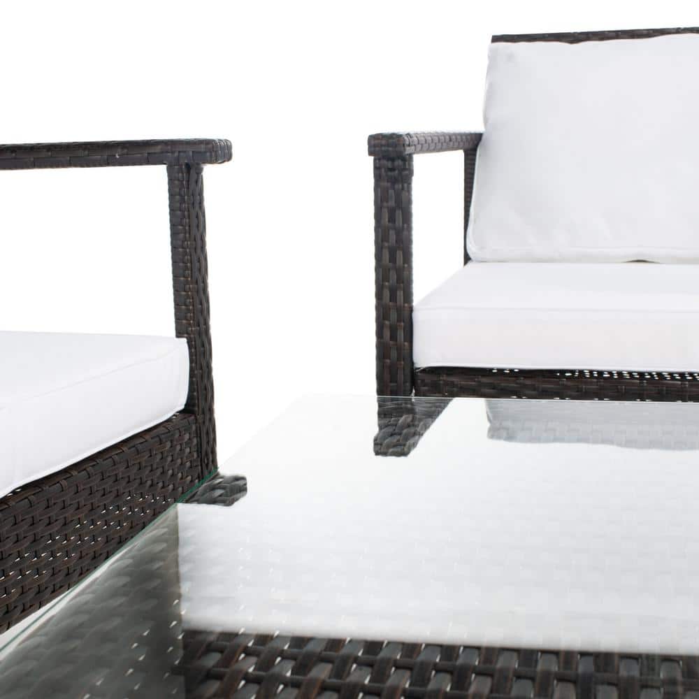 Coastal Charm Brown Wicker 4-Person Outdoor Living Set with White Cushions