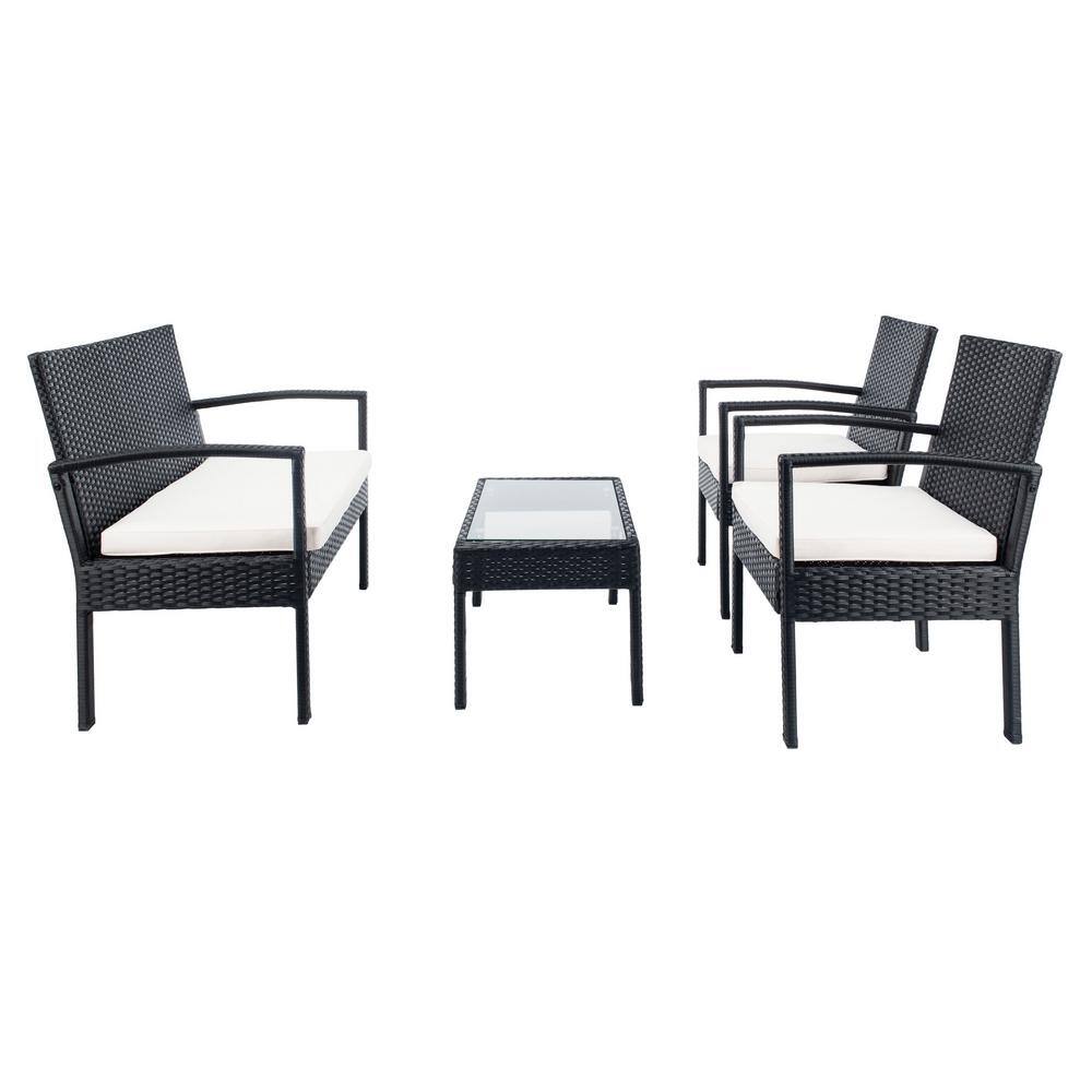 Bassey Black Wicker 4-Piece Patio Set with Beige Cushions