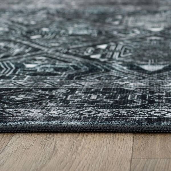 Transitional Bohemian Distressed Washable Non Slip Black 2 ft. x 4 ft. Area Rug