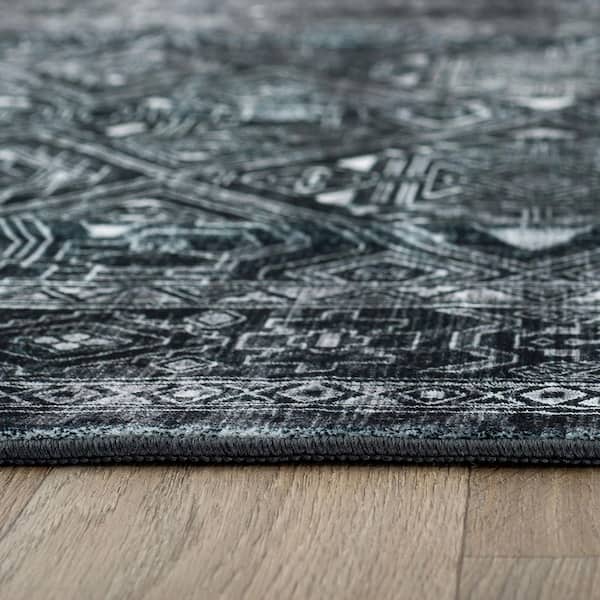 Transitional Bohemian Distressed Washable Non Slip Black 5 ft. x 7 ft. Area Rug