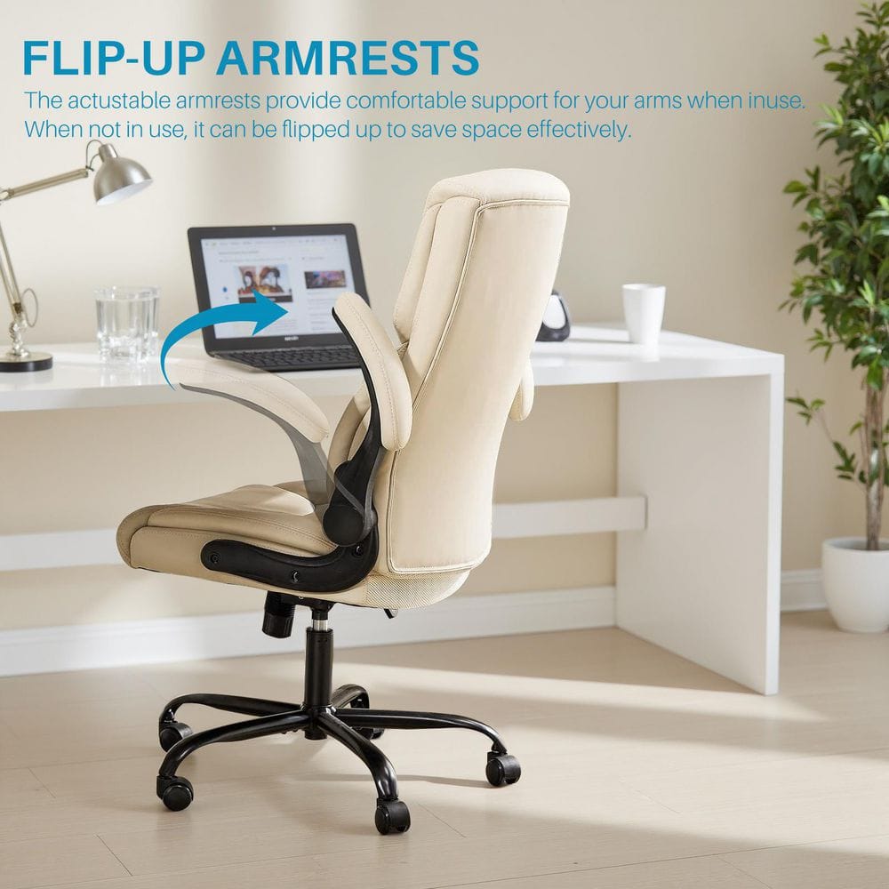 Ergonomic PU Leather Seat High Back Heavy Duty Office Executive Chair in Cream with Flip-up Arms - Thumbnail 3