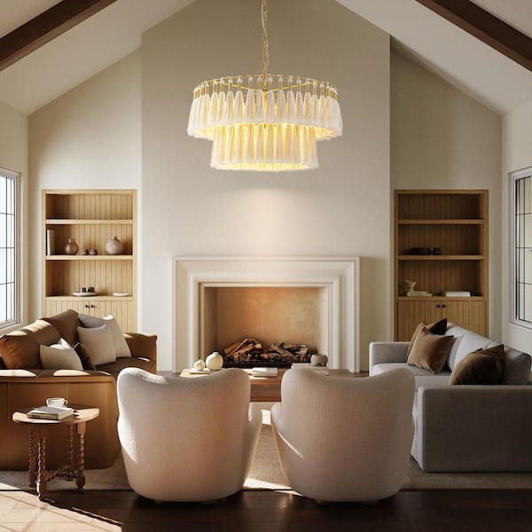 Riva 6-Light Modern Farmhouse Gold 2-Tiered Natural Beige Rope Drum Chandelier with Tassel Accents