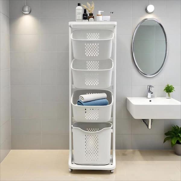 White Plastic 4 Bags 5-Tier Laundry Sorter Hamper, Laundry Storage Organizer w/Wheels Removable Rolling Laundry Basket