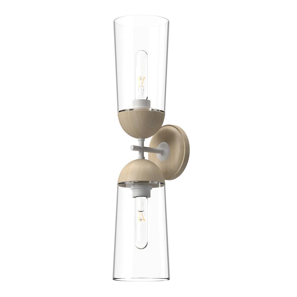 White and Clear Glass Steel Vanity Light with Wood Backplate