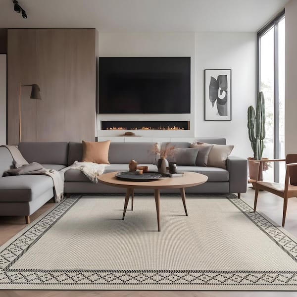 Haven 8 ft. x 10 ft. Bone Border Diamond Washable Easy Jute Modern Indoor Outdoor Area Rug