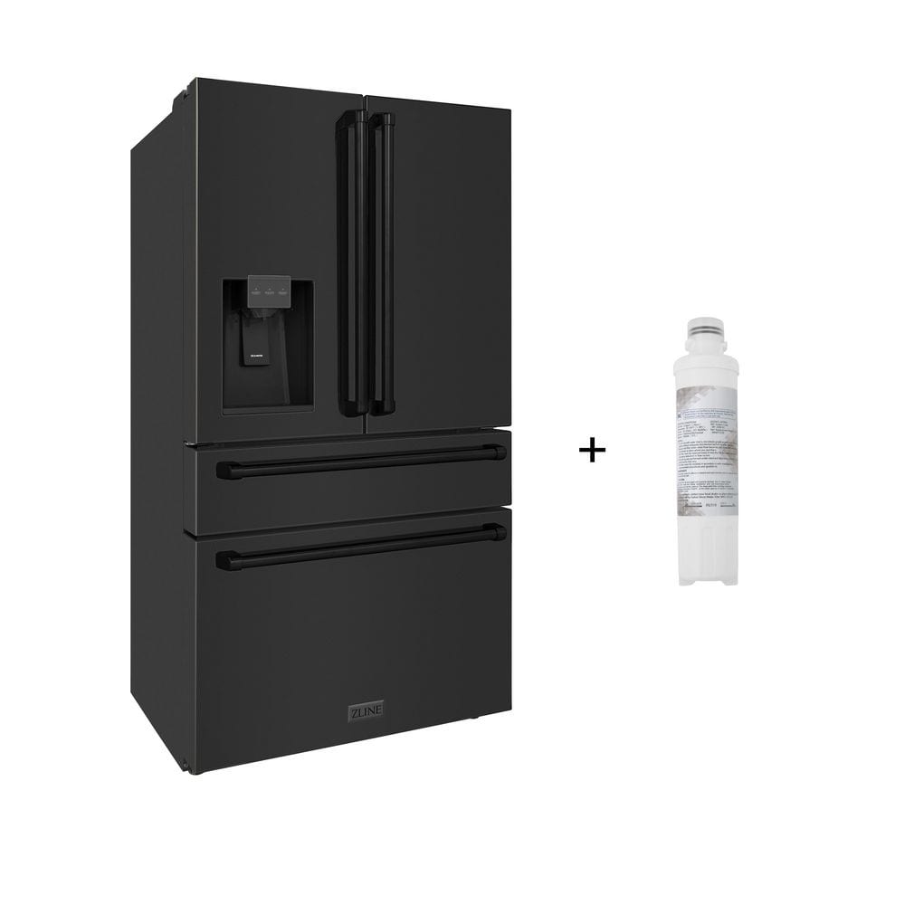 ZLINE Kitchen and Bath 36 in. 4-Door French Door Refrigerator with Ice and Water Dispenser in Black Stainless Steel with Water Filter