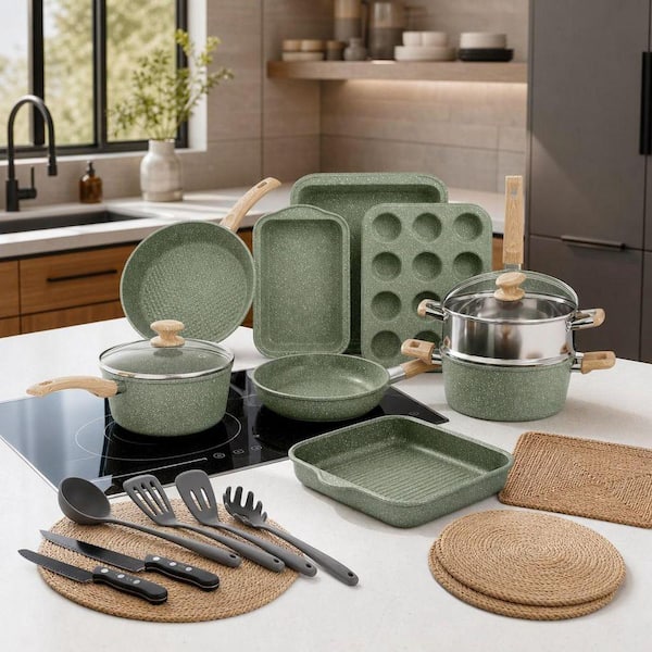 Wudkey 30-Piece Kitchen Induction Granite Cookware Set in Green, Granite Cooking Pans Set, Non-Stick Pots and Pans Set
