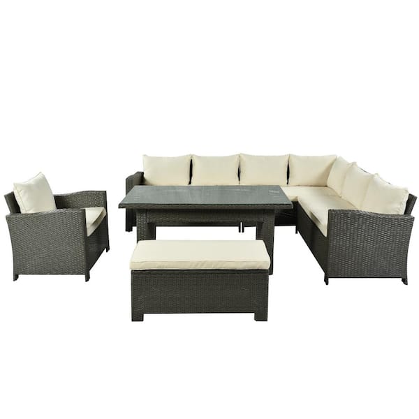 Afoxsos U_Style 6-Piece Outdoor Patio Conversation Set, Dining Table Chair with Bench and Beige Cushions