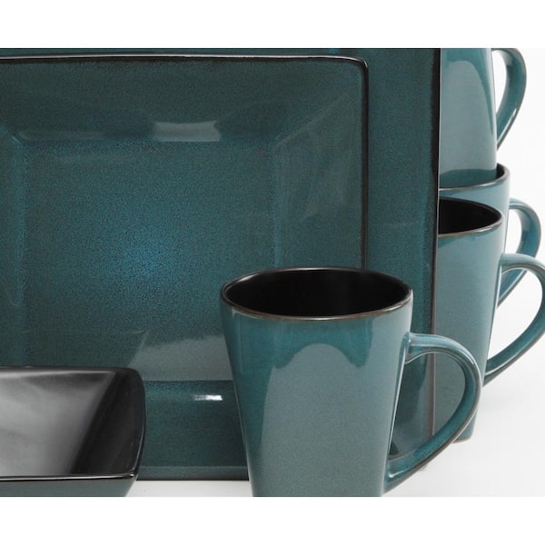Gibson Kiesling 16-Piece Square Turquoise Stoneware Dinnerware Dish Set for 4 