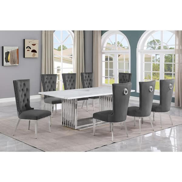 Best Quality Furniture Lisa 9-Piece Rectangular White Marble Top Stainless Steel Base Dining Set With 8-Dark Gray Velvet Fabric Chairs