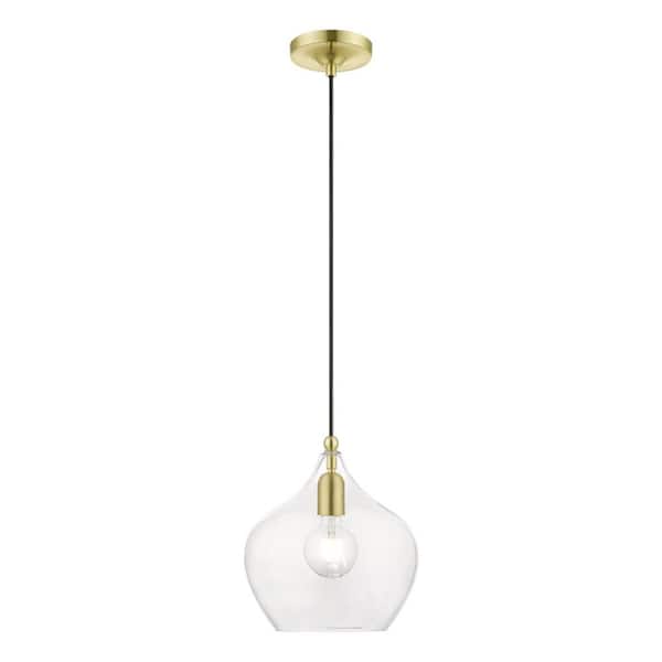 Livex Lighting Aldrich 1-Light Satin Brass Pendant with Polished Brass Accent and Clear Glass Shade