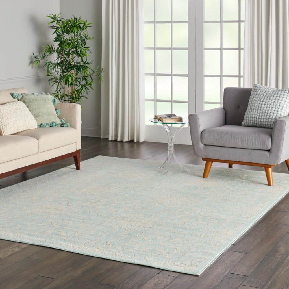Ivory and Green Floral Synthetic Rectangular Rug 8' x 10'