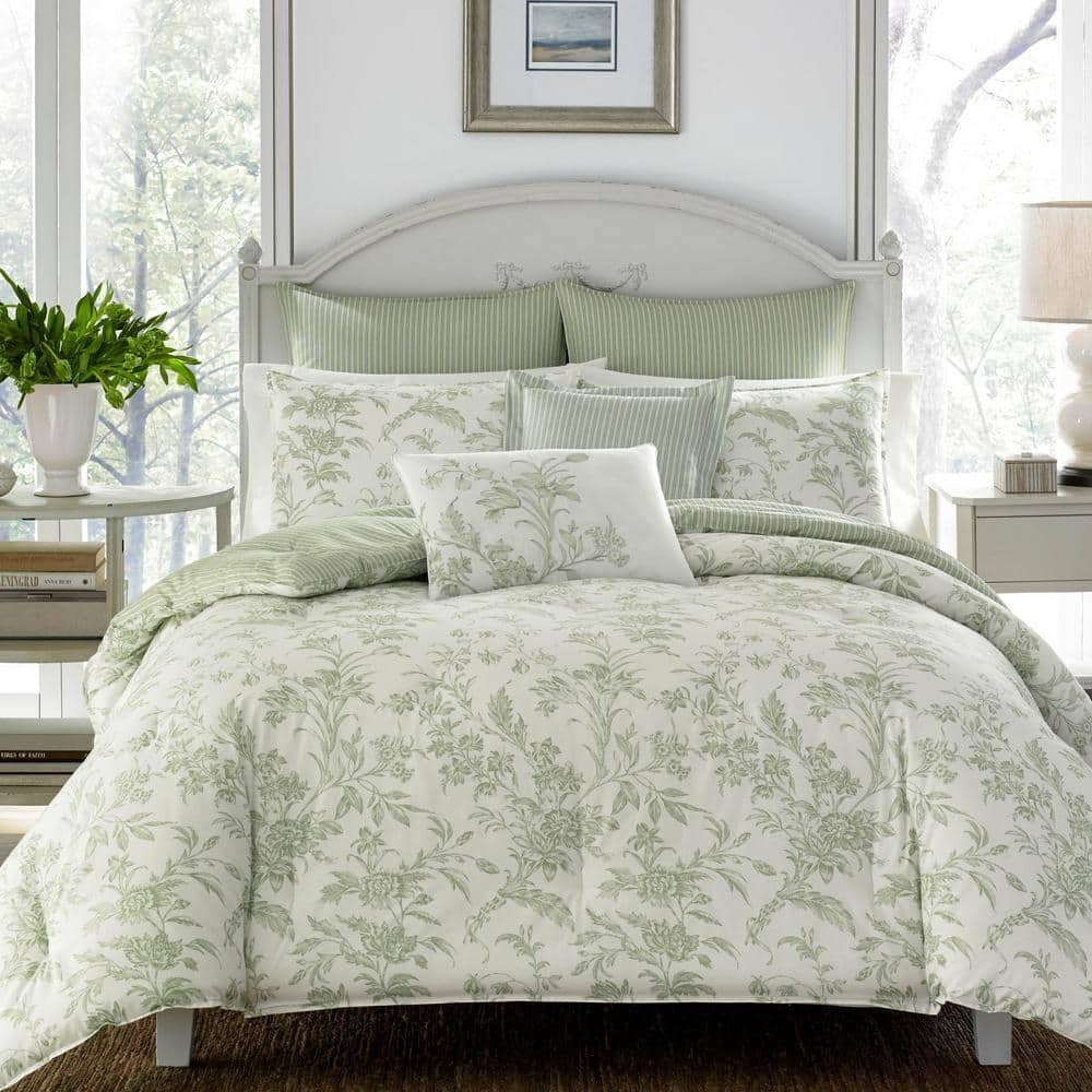 Laura Ashley Natalie 3-Piece Green Floral Cotton Full/Queen Duvet