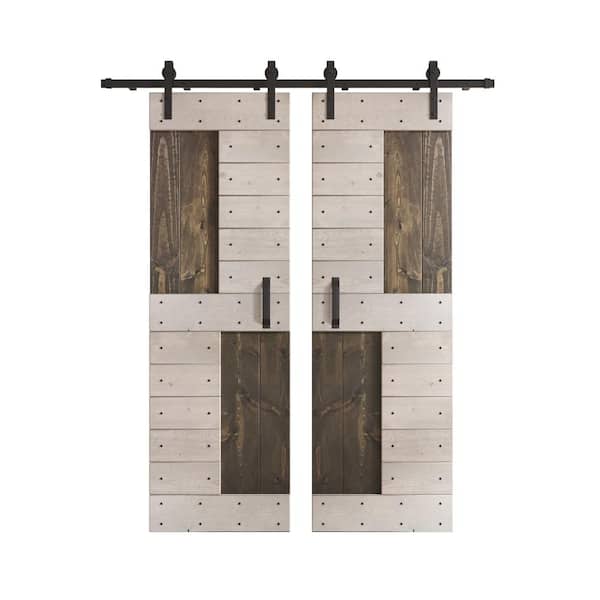 COAST SEQUOIA INC S Series 60 in. x 84 in. Carbon Grey/Light Grey Knotty Pine Wood Double Sliding Barn Door with Hardware Kit