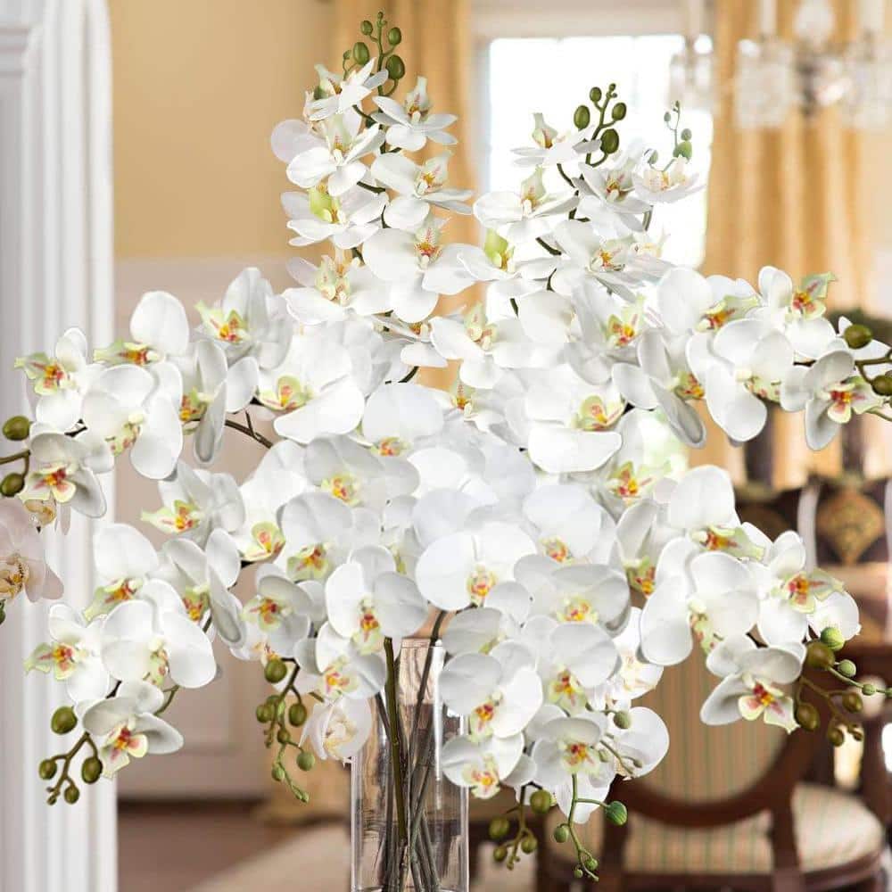 36 in. White Indoor Artificial Orchid Flower, 4 Pieces Z09J4WPMKY