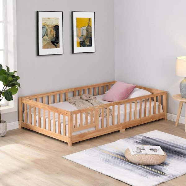 anpport Natural Queen Solid Wood Platform Bed Frame with Fence and Door
