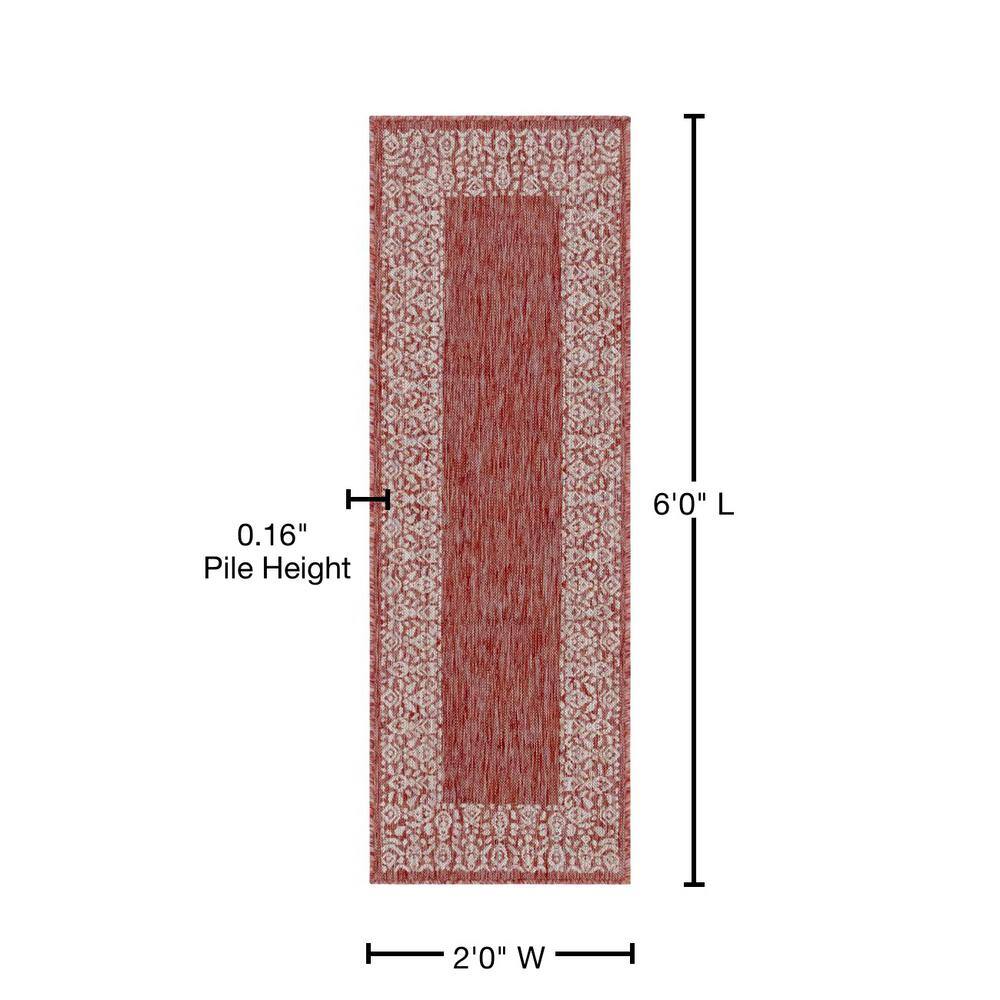 Rust Red Floral Easy-Care Outdoor Synthetic Runner Rug
