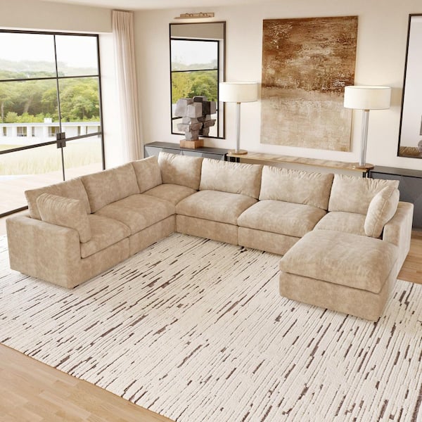 Oversized 134 in. Square Arm 7-Piece Chenille Modular Sectional Sofa with Ottoman, Detachable Covesr for Office in Khaki
