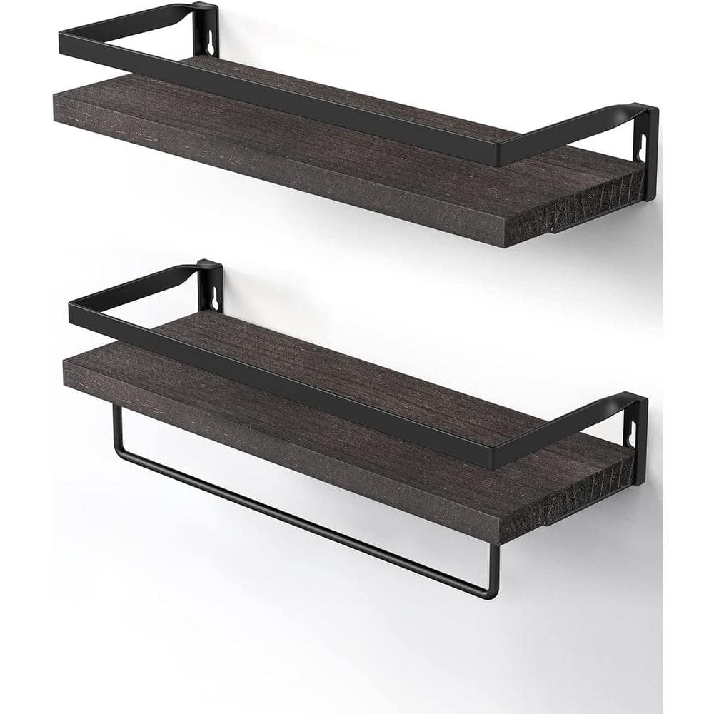 Indoor and Outdoor Dark Brown Wooden Wall Mounted Plant Shelves with 1  Towel Bar, Storage Organizer (Set of 3)