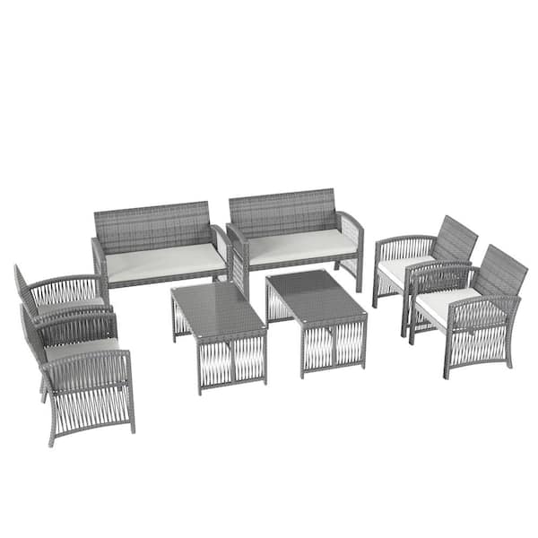 Sunfurnn Gray Rattan 8 Piece Outdoor Furniture Chair Table Patio Set Wicker Conversation Seating Beige Cushion Hm Sh001141aae The Home Depot Outdoor Furniture Rattan Chair, 8 Piece Outdoor Furniture Set