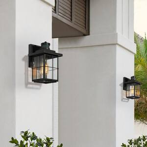 Modern Black Motion Sensing Outdoor Sconce with Seeded Glass Shade, Farmhouse 1-Light Front Door Wall Lantern (2-Pack)