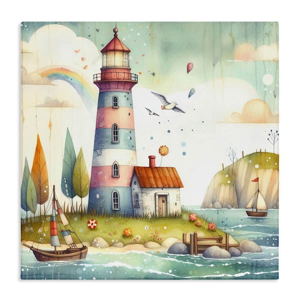 Stupell Industries Lighthouse Cottage Scenery by LSR Design Studio Unframed Coastal Graphic Art Print 17 in. x 17 in.