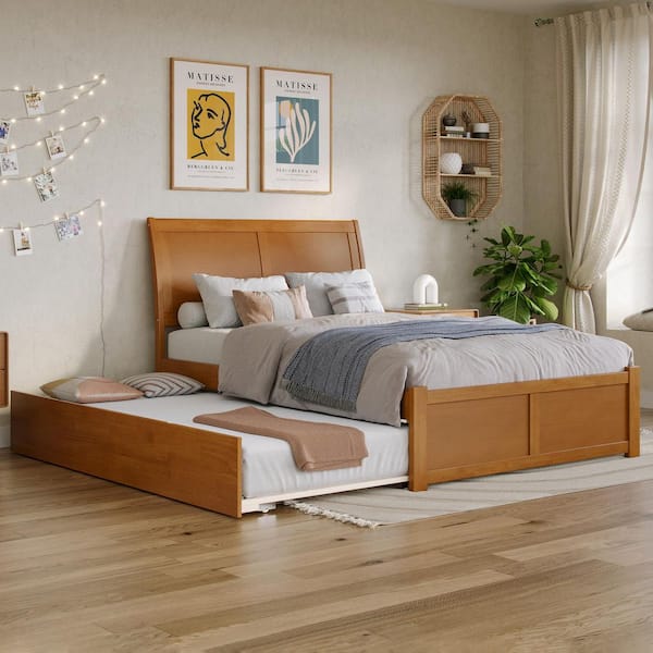 Portland Light Toffee Natural Bronze Solid Wood Frame Full Platform Bed with Footboard and Full Trundle
