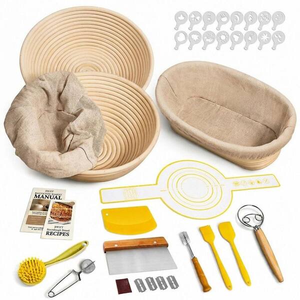 Natural Rattan Sourdough Starter Kit Bread Proofing Basket Set for Baking, 9 in. Round and 10 in. Oval