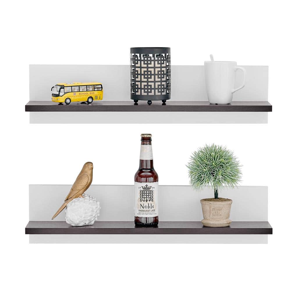 White and Dark Walnut Floating Wall Shelves Set of 2
