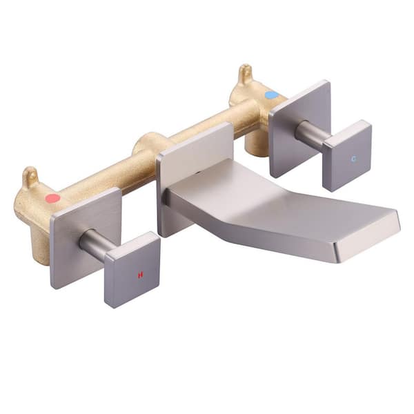 Double Handle Wall Mounted Bathroom Faucet with with Rough in Valve and Knob Handle in Brushed Nickel