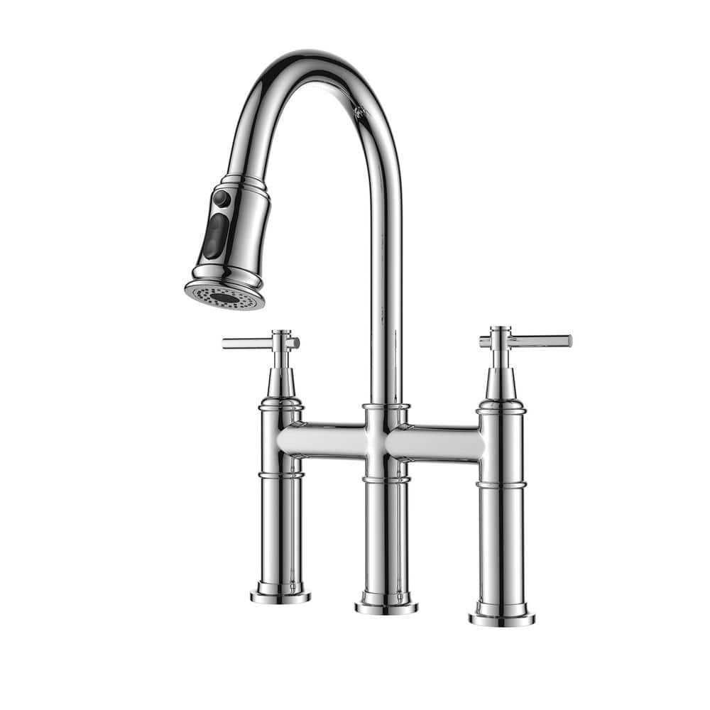 Double Handle Transitional Bridge Kitchen Faucet With Pull Down   Polished Chrome Bridge Kitchen Faucets T C023c 64 1000 