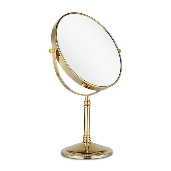 Adrinfly Tabletop 4.92in W. x 7.2in H Round Framed Two-Sided Swivel Magnification Bathroom Vanity Mirror in Gold