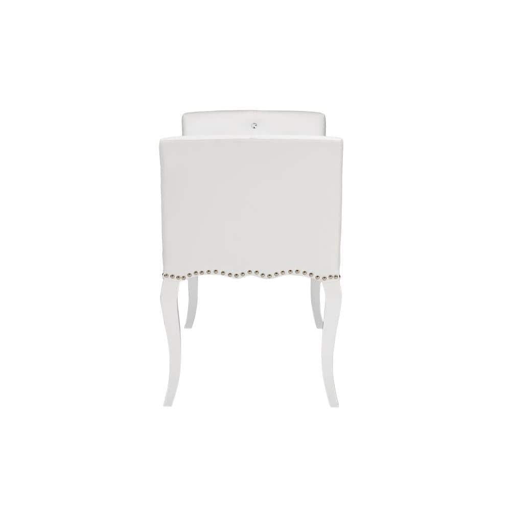 Kristy White Faux Leather Bench with Silver Nail Heads