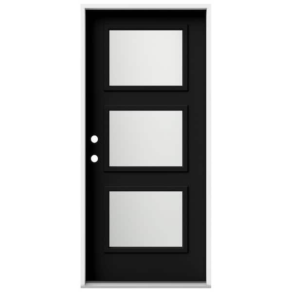 JELD-WEN 36 in. x 80 in. Right-Hand/Inswing 3 Lite Equal Frosted Glass Black Steel Prehung Front Door
