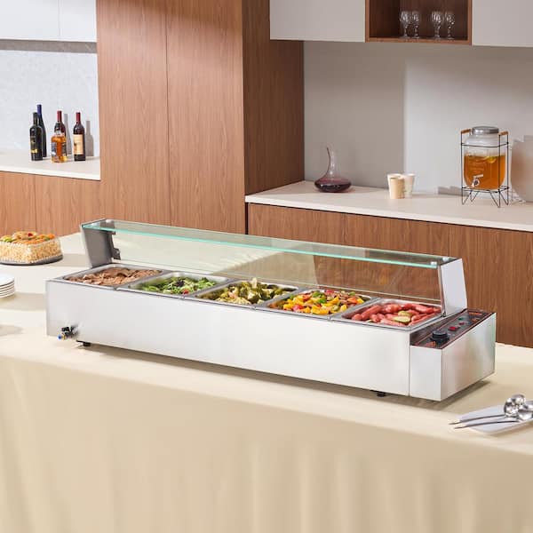 5-Pan Commercial Food Warmer, 5 x 8QT. Electric Steam Table with Glass Cover, 1700W Countertop Stainless Steel Buffet