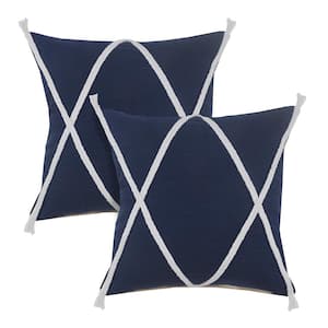 Coastline Blue Bordered Hand-Woven 20 in. x 20 in. Indoor Throw Pillow (Set of 2)
