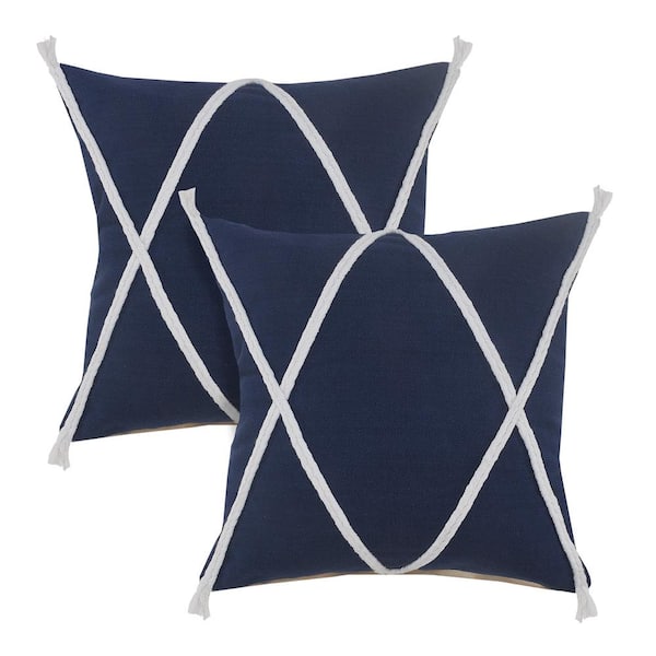 LR Home Coastline Blue Bordered Hand-Woven 20 in. x 20 in. Throw Pillow Set of 2
