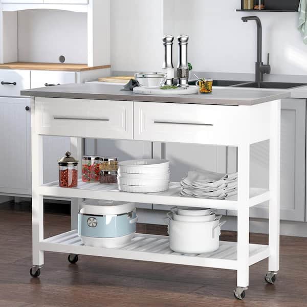Rolling White Stainless Steel Top 47 in. Kitchen Island Cart with Drawers and Open Shelves