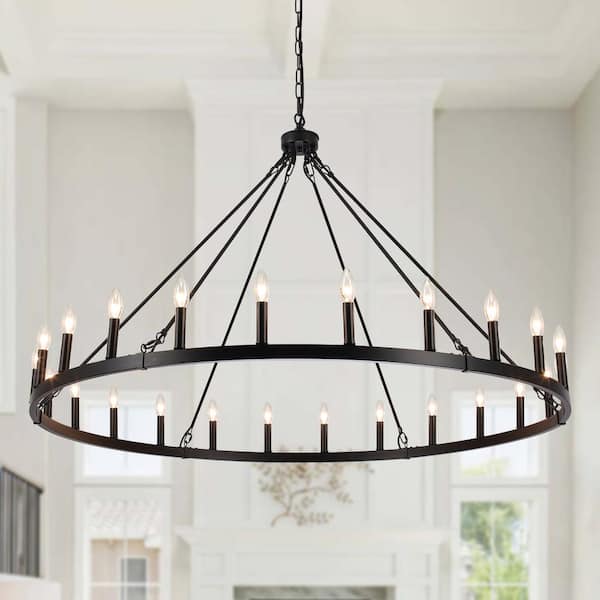 LWYTJO Yeraldine 24-Light Black Farmhouse Lagre Wagon Wheel Chandelier ...