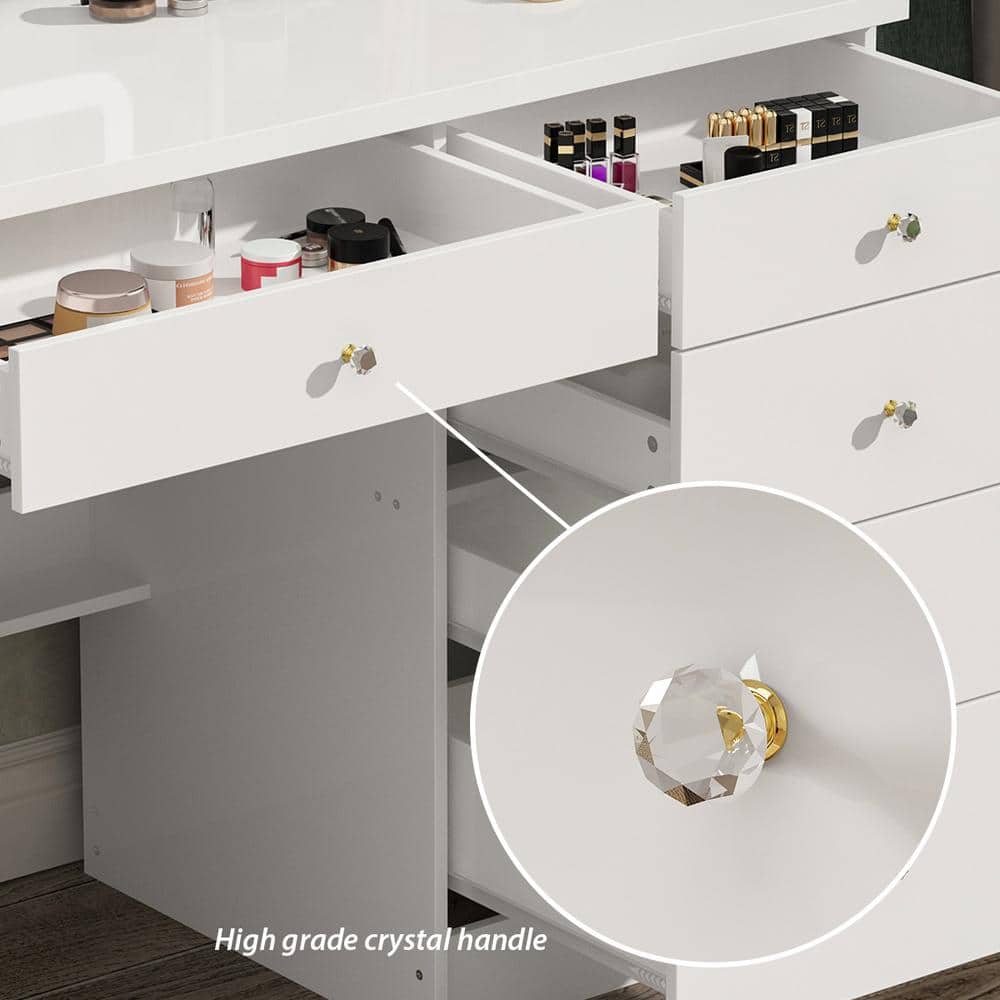 5-Drawers White Makeup Vanity Sets Dressing Table Sets with LED Dimmable Mirror, Stool and 3-Tier Storage Shelves - thumbnail 9