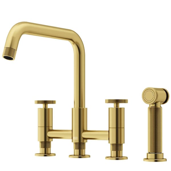 VIGO Cass Double Handle 8 in. Widespread Bridge Kitchen Faucet with Pull-Out Sprayer in Matte Brushed Gold